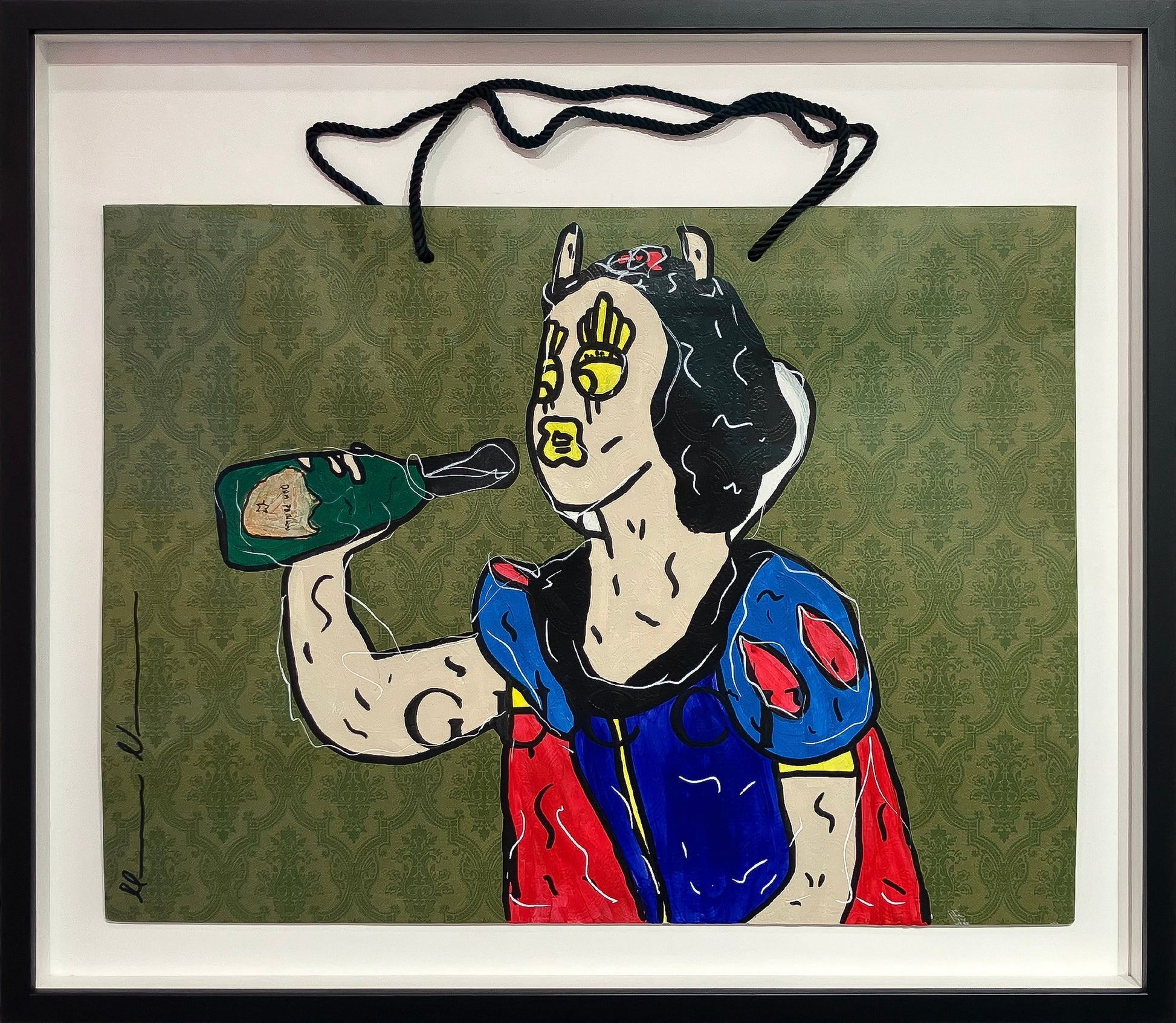 Mason Newman original artwork 'Gucci Champagne Princess' featuring acrylic and spray paint on a Gucci branded bag, framed at Creed Gallery Ascot.