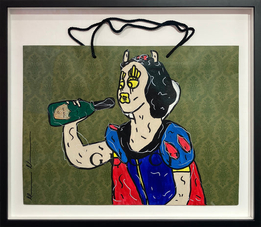 Mason Newman original artwork 'Gucci Champagne Princess' featuring acrylic and spray paint on a Gucci branded bag, framed at Creed Gallery Ascot.