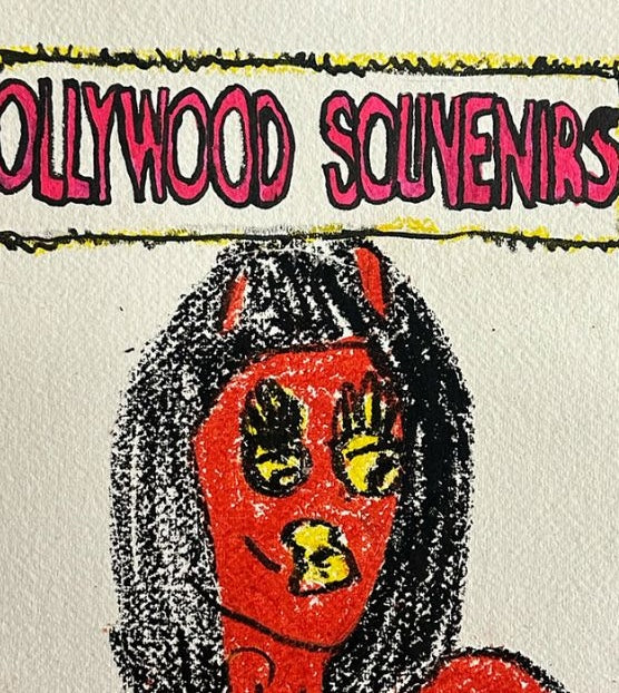 Detailed close-up of signature distressed textures and raw mark-making on Mason Newman's original Hollywood Souvenirs artwork.