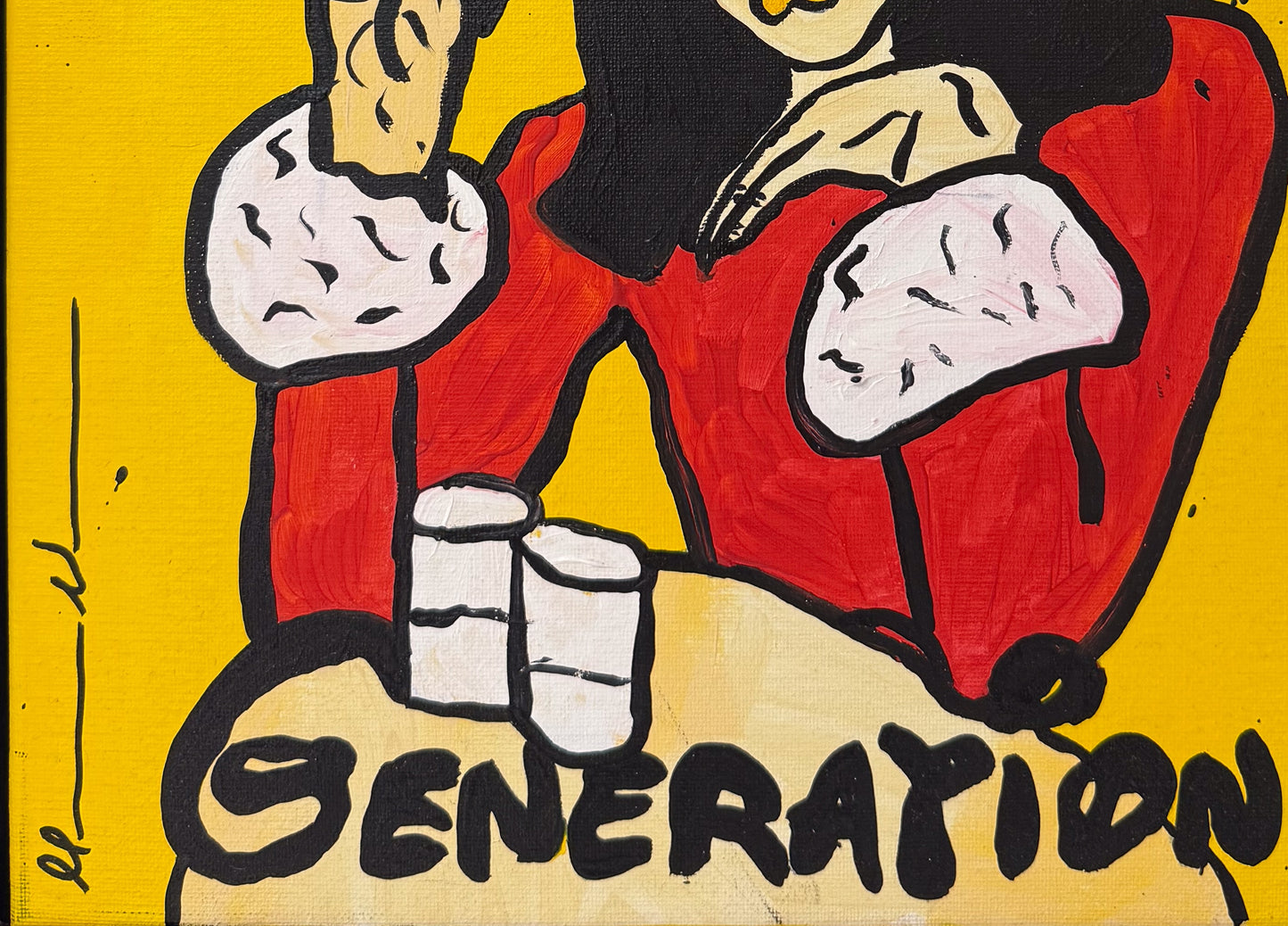 Close-up detail of the "The Broken Generation" original canvas, focusing on the hand-painted black typography and character elements. The image highlights the "New Pop" aesthetic and the expressive use of acrylic on a 35 x 45 cm canvas.
