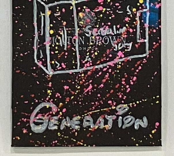 Close-up detail of "The Depressed Generation | Molton Brown" showing pink and white spray-paint splatters over the branded black bag. The image highlights the raw street-art textures and the "New Pop" aesthetic used by Forbes 30 Under 30 artist Mason Newman.