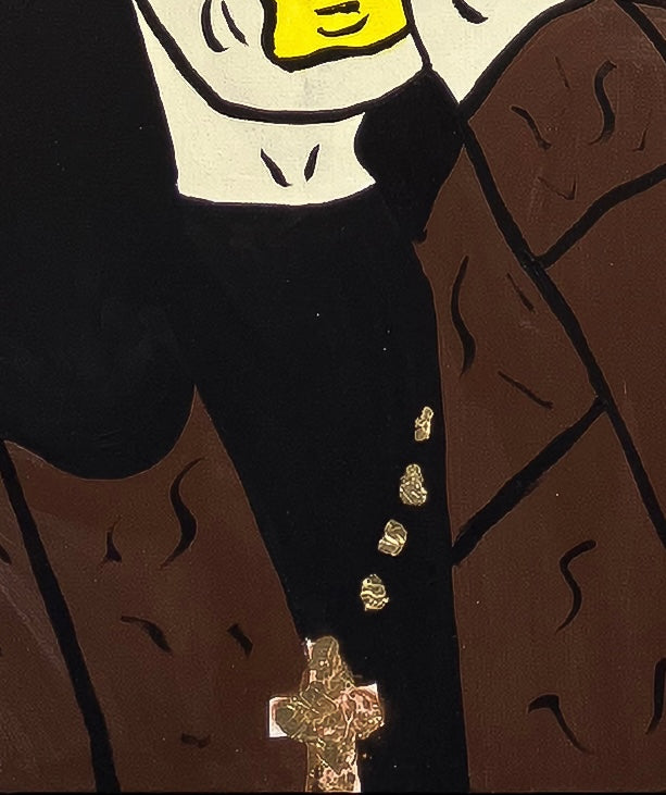 Close-up detail of the "Tiger Orange" Ozzy Osbourne original painting, highlighting the unique hand-painted textures and gestural splatters. The image showcases Mason Newman's signature "New Pop" aesthetic on a large-scale canvas.