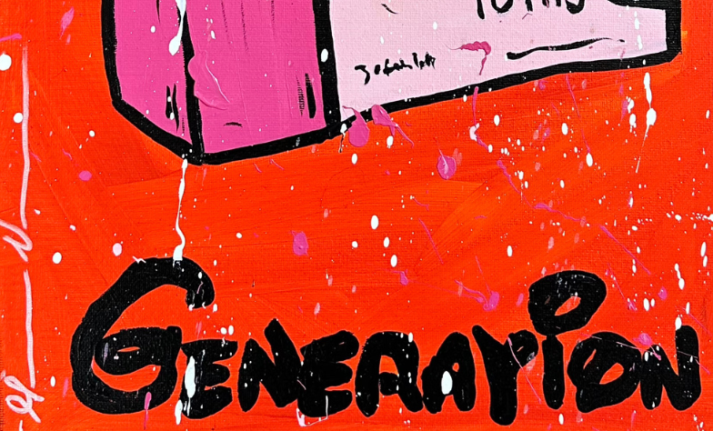 Close-up detail of the "The Depressed Generation | Diazepam (Pink)" original canvas, highlighting the bold black "GENERATION" typography. The image showcases the raw "New Pop" aesthetic and the textured application of acrylic paint by Forbes 30 Under 30 artist Mason Newman.