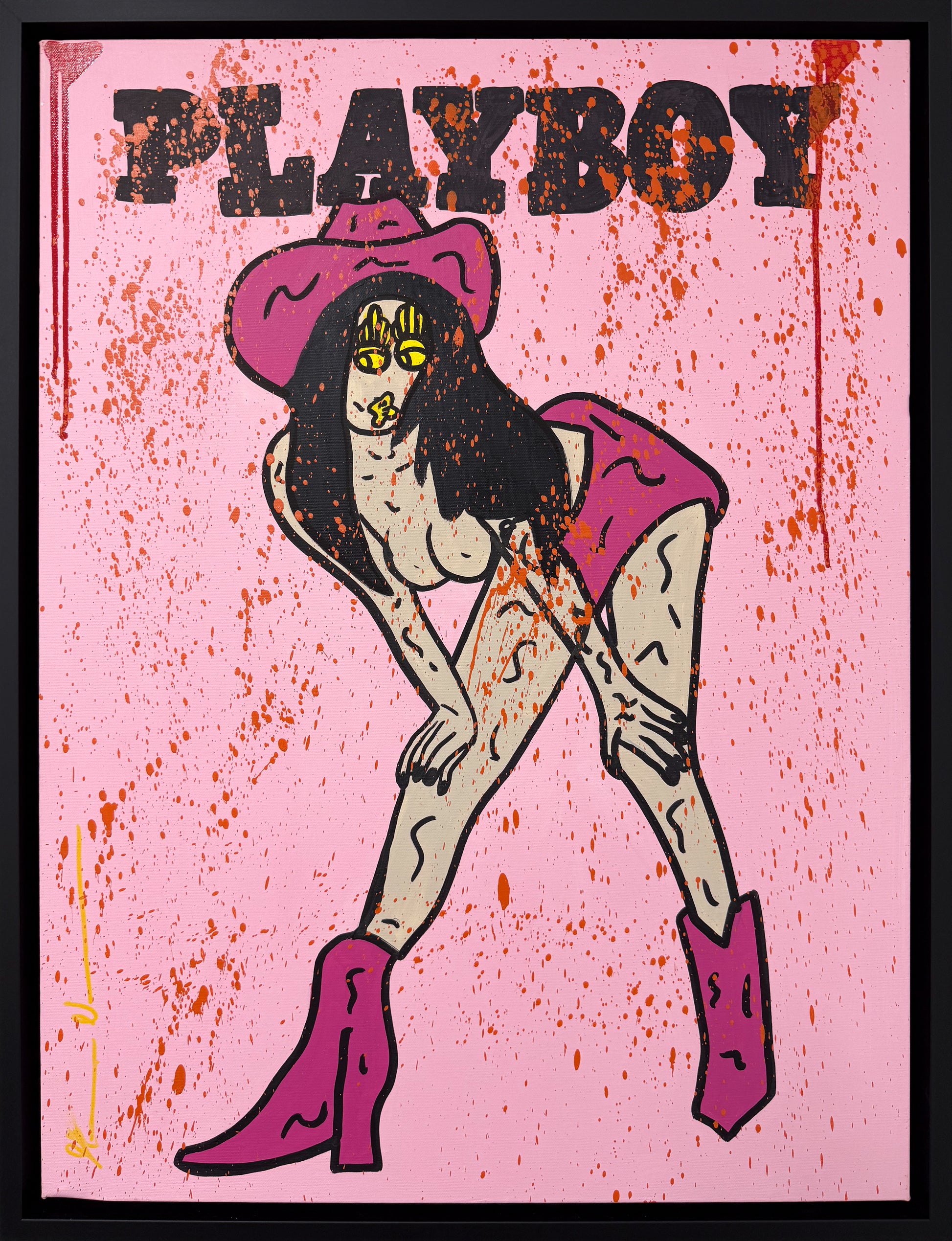 Mason Newman Pink Playboy original painting at Creed Gallery Ascot. Vibrant pink pop art featuring a reinterpreted Playboy bunny motif with raw, street-art textures by Forbes 30 Under 30 artist Mason Newman.