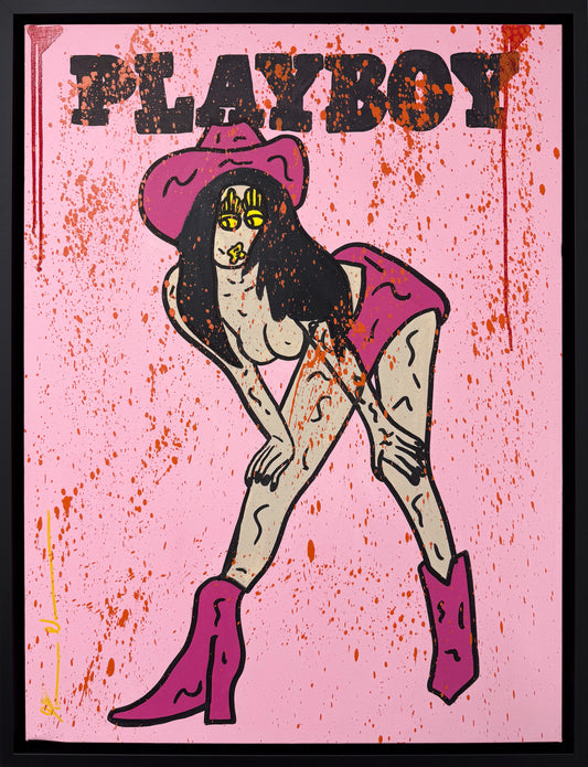 Mason Newman Pink Playboy original painting at Creed Gallery Ascot. Vibrant pink pop art featuring a reinterpreted Playboy bunny motif with raw, street-art textures by Forbes 30 Under 30 artist Mason Newman.