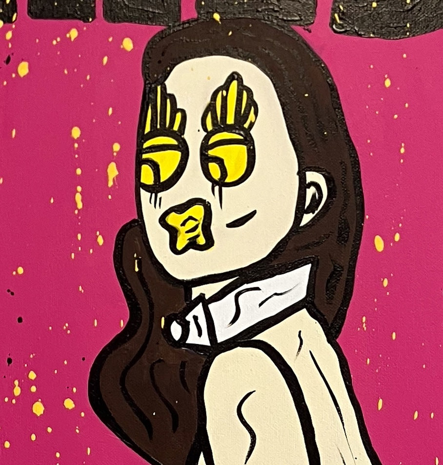 Close-up detail of the "Playboy Bunny (Pink)" original canvas, highlighting the character's facial features and the "New Pop" aesthetic. The image showcases the hand-painted textures and the raw street-art style characteristic of Forbes 30 Under 30 artist Mason Newman.