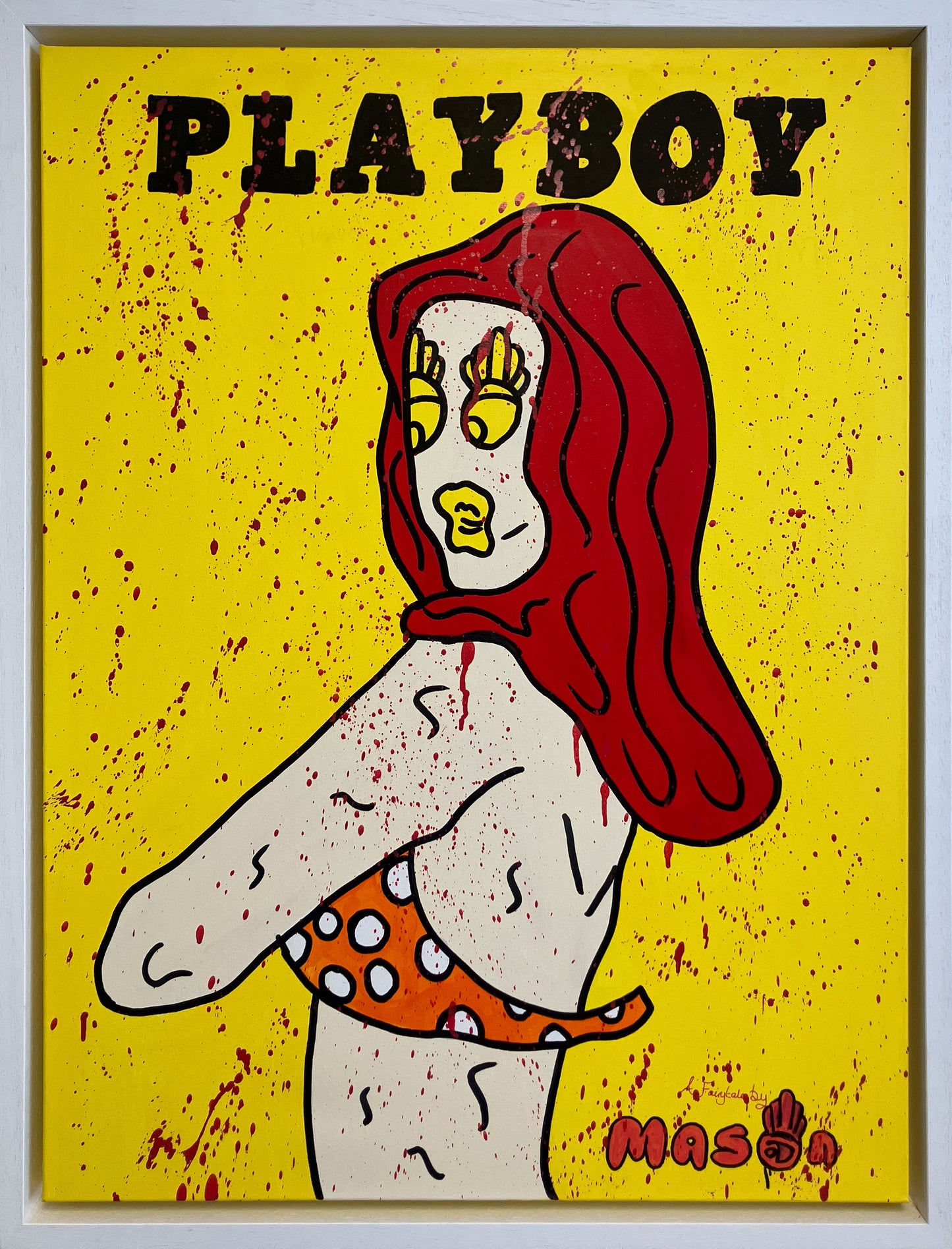 A framed original painting titled "Playboy Bunny (Yellow)" by Mason Newman, featuring acrylic and spray paint on canvas. The 1-of-1 artwork depicts a stylized figure with red hair against a vibrant yellow background with textured red paint splatters.