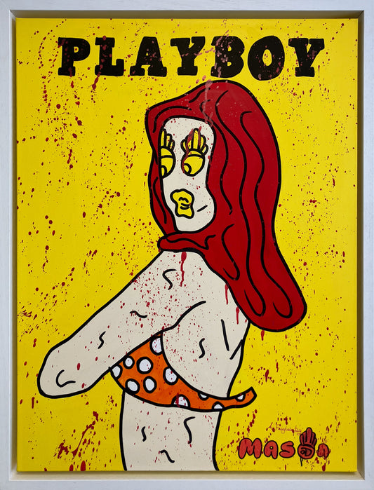 A framed original painting titled "Playboy Bunny (Yellow)" by Mason Newman, featuring acrylic and spray paint on canvas. The 1-of-1 artwork depicts a stylized figure with red hair against a vibrant yellow background with textured red paint splatters.
