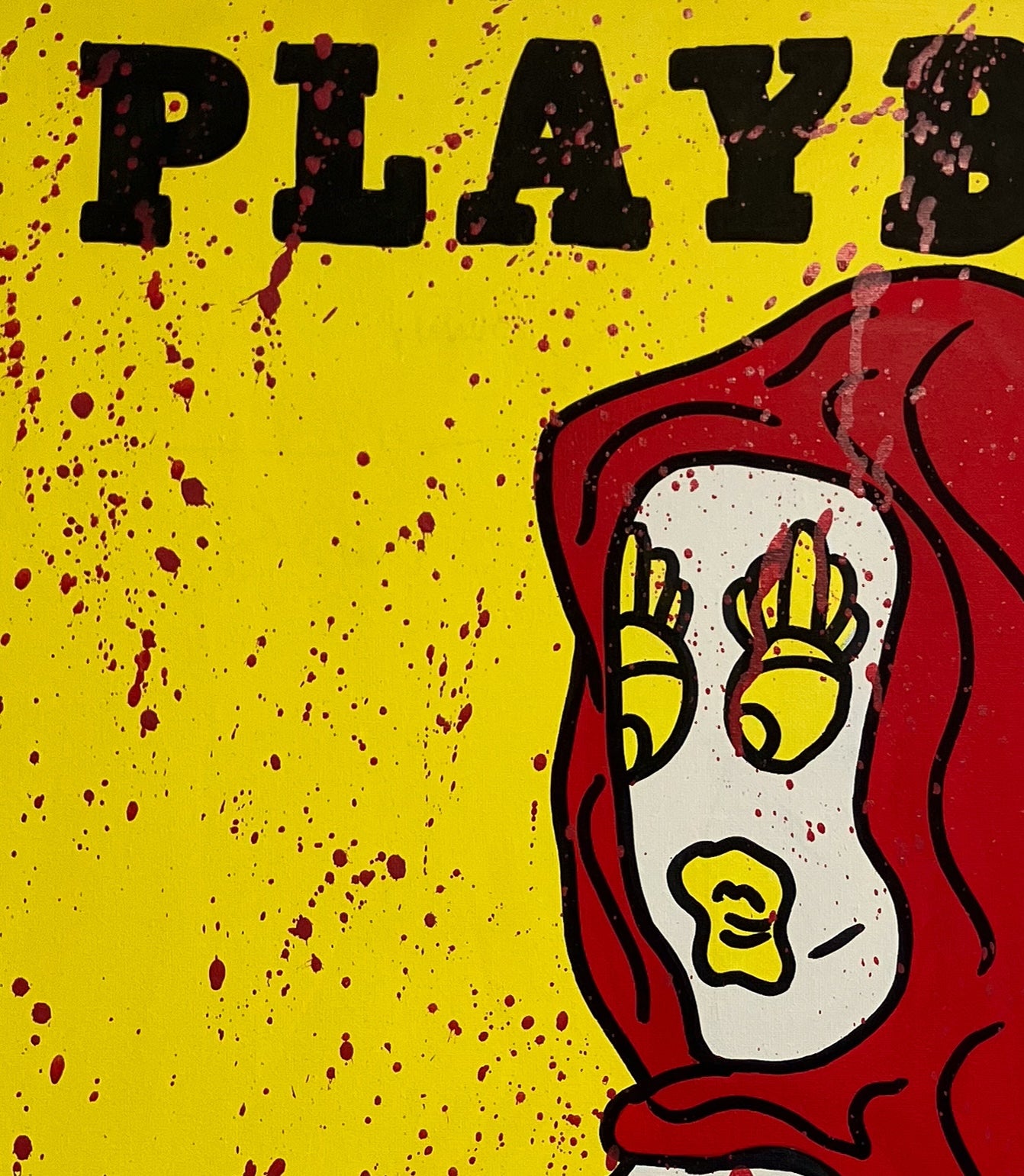 Close-up detail of the "Playboy Bunny (Yellow)" original canvas, highlighting the bold "PLAYBOY" typography and the character's facial features. The image showcases the raw street-art aesthetic and layered textures created by Forbes 30 Under 30 artist Mason Newman.