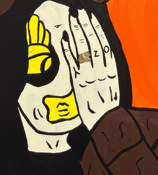 A detailed view of the "The Prince of Darkness" portrait, focusing on the gold leaf accents and the intricate textures of the oil paint. This exclusive 1-of-1 piece by Forbes 30 Under 30 artist Mason Newman is part of "The Power of Three" colour-way series.