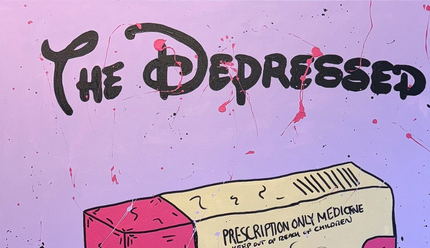 Detailed view of the "Sertraline 50mg" pharmaceutical box imagery on the XL Purple original painting. This shot showcases the layered textures of acrylic and spray paint and the artist's unique gestural splatters.