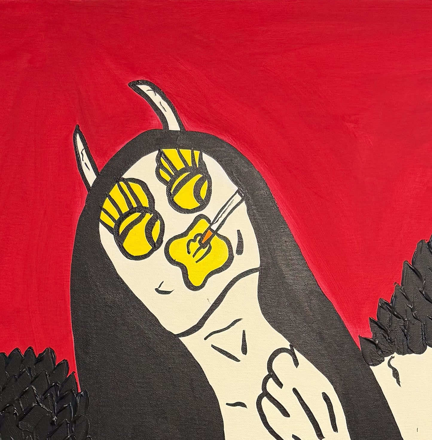 Detailed close-up of heavy impasto black oil paint and gestural textures on Mason Newman's original Black Sabbath Angel.