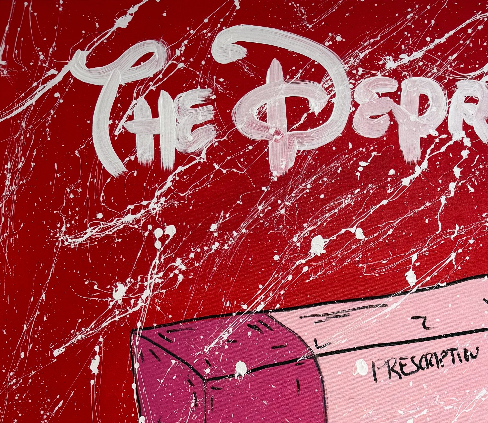 Close-up detail of the hand-painted "THE DEPRESSED" typography on the upper section of the XL Red original canvas. The image highlights the raw "New Pop" aesthetic, gestural paint drips, and the intense red colour palette.