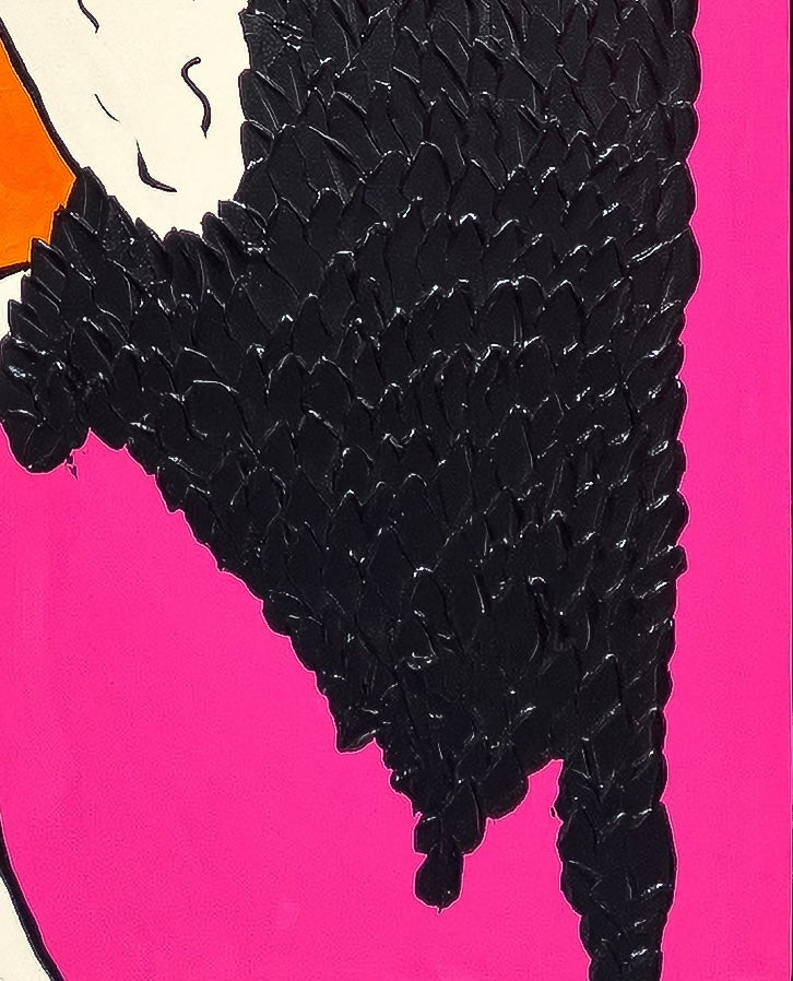 Close-up detail of the "Black Sabbath Angel" original painting, focusing on the dense, textured oil paint used for the black wings. The image highlights Mason Newman’s gestural application and the high-contrast colour palette of pink and black.