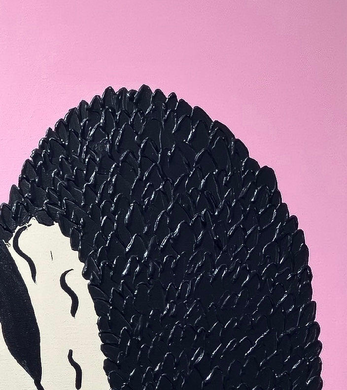 A close-up detail of "Black Sabbath Angel (Pink)" showing the heavy, textured black oil paint used for the wings. The image highlights the physical depth of the paint and the artist's expressive, gestural application on the large-scale canvas.