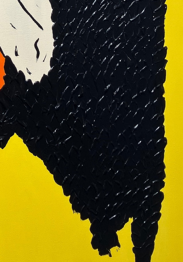 Close-up detail of heavy oil paint texture and gestural brushwork on Mason Newman's original Black Sabbath Angel Yellow.