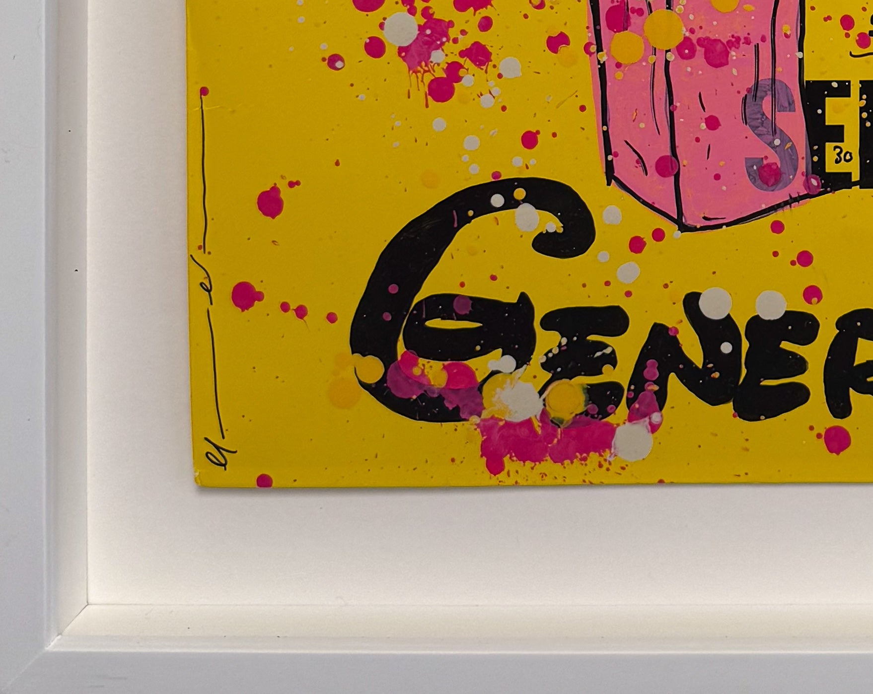 A side-angle view of the "The Depressed Generation" original work, showcasing the depth of the 52 x 48 cm white box frame. The image highlights the physical texture of the spray paint and the way the branded bag is mounted as a contemporary art object.