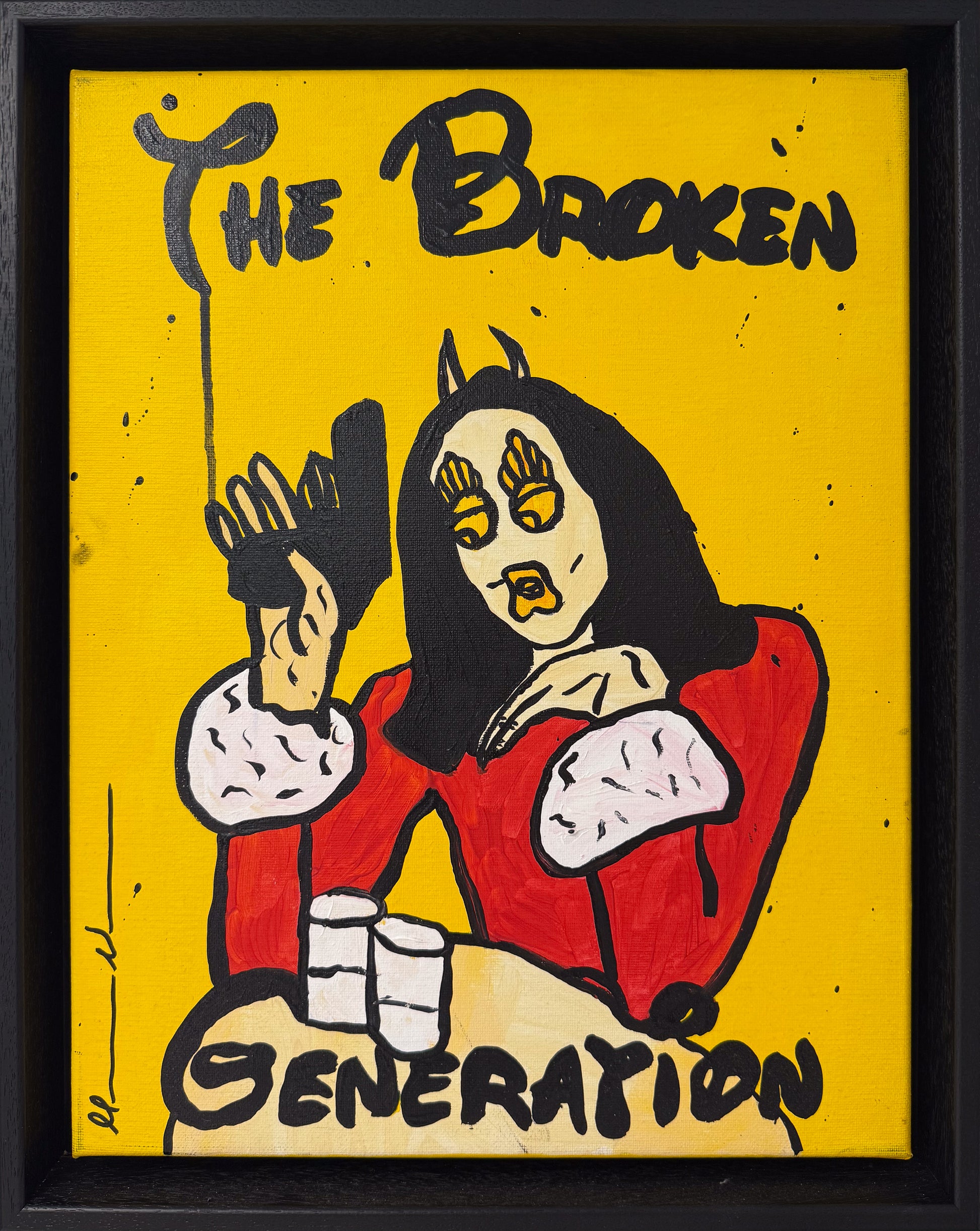 A framed original acrylic painting titled "The Broken Generation" by Mason Newman. The 1-of-1 artwork features a character portrait against a vibrant yellow background with raw, gestural black textures.