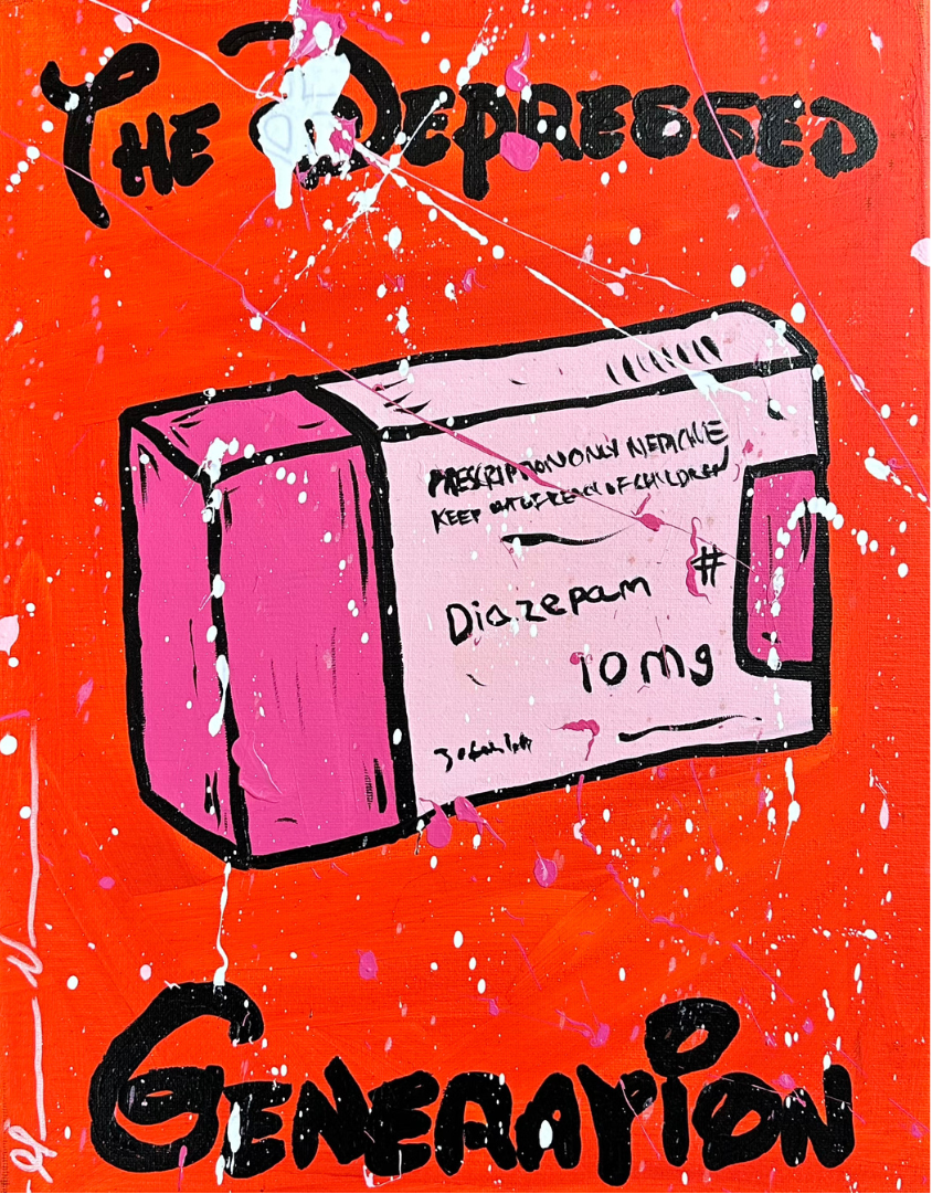 A framed original 1-of-1 painting titled "The Depressed Generation | Diazepam (Pink)" by Mason Newman, featuring acrylic and spray paint on canvas. The artwork depicts a pharmaceutical box on a vibrant orange-red background with expressive white paint splatters.