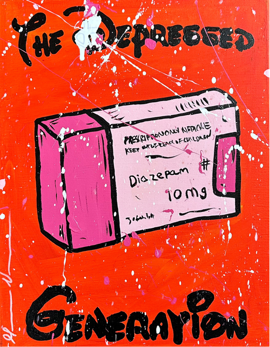 A framed original 1-of-1 painting titled "The Depressed Generation | Diazepam (Pink)" by Mason Newman, featuring acrylic and spray paint on canvas. The artwork depicts a pharmaceutical box on a vibrant orange-red background with expressive white paint splatters.