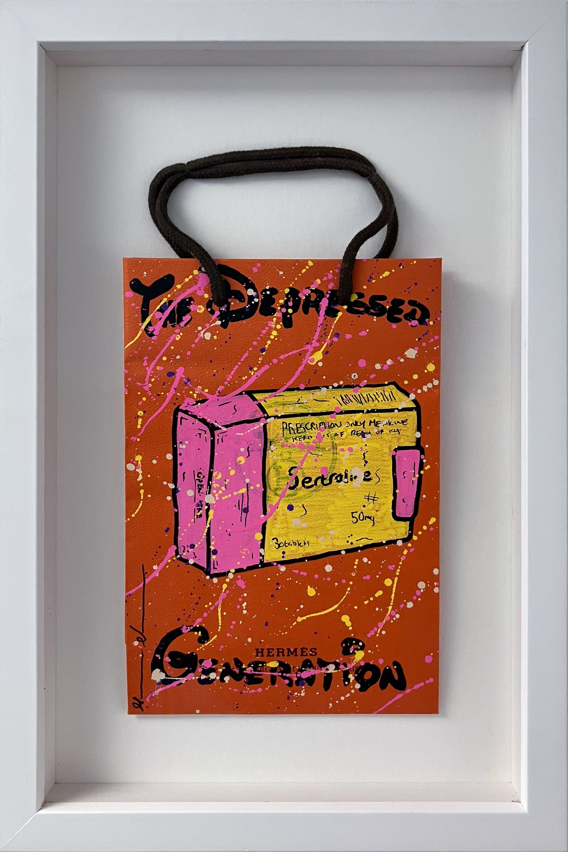 Mason Newman original mixed media painting 'The Depressed Generation' on a luxury orange Hermès bag, framed and available at Creed Gallery Ascot.