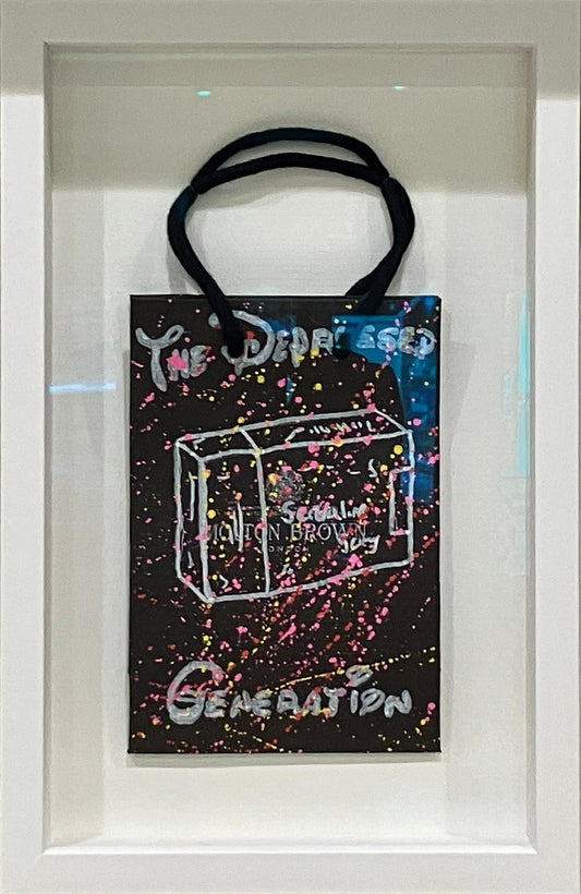 Original Mason Newman artwork from The Depressed Generation series, acrylic and spray paint on a Molton Brown bag, framed at Creed Gallery Ascot.
