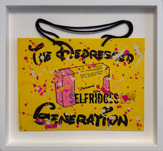 Mason Newman 'The Depressed Generation' original acrylic and spray paint art on yellow Selfridges branded bag, framed at Creed Gallery Ascot.