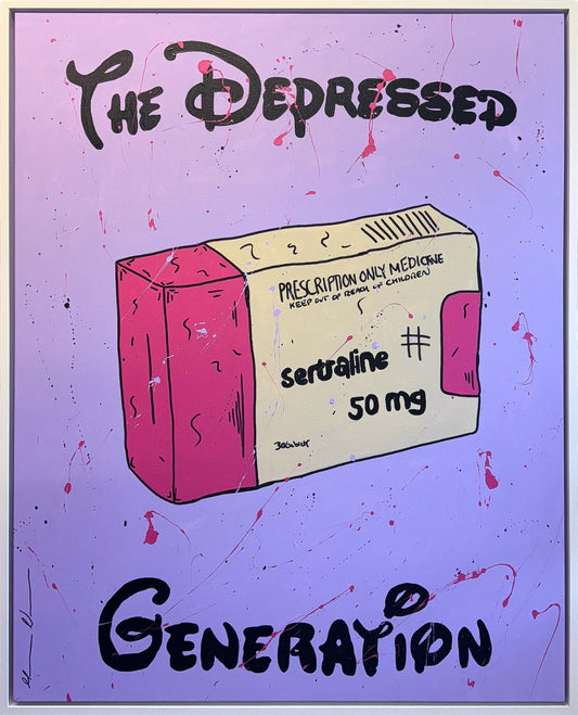 A large-scale original painting titled "The Depressed Generation | XL (Purple)" by Mason Newman, featuring acrylic and spray paint on canvas. The 1-of-1 artwork depicts a pharmaceutical box motif against a vibrant purple background with expressive pink paint splatters.