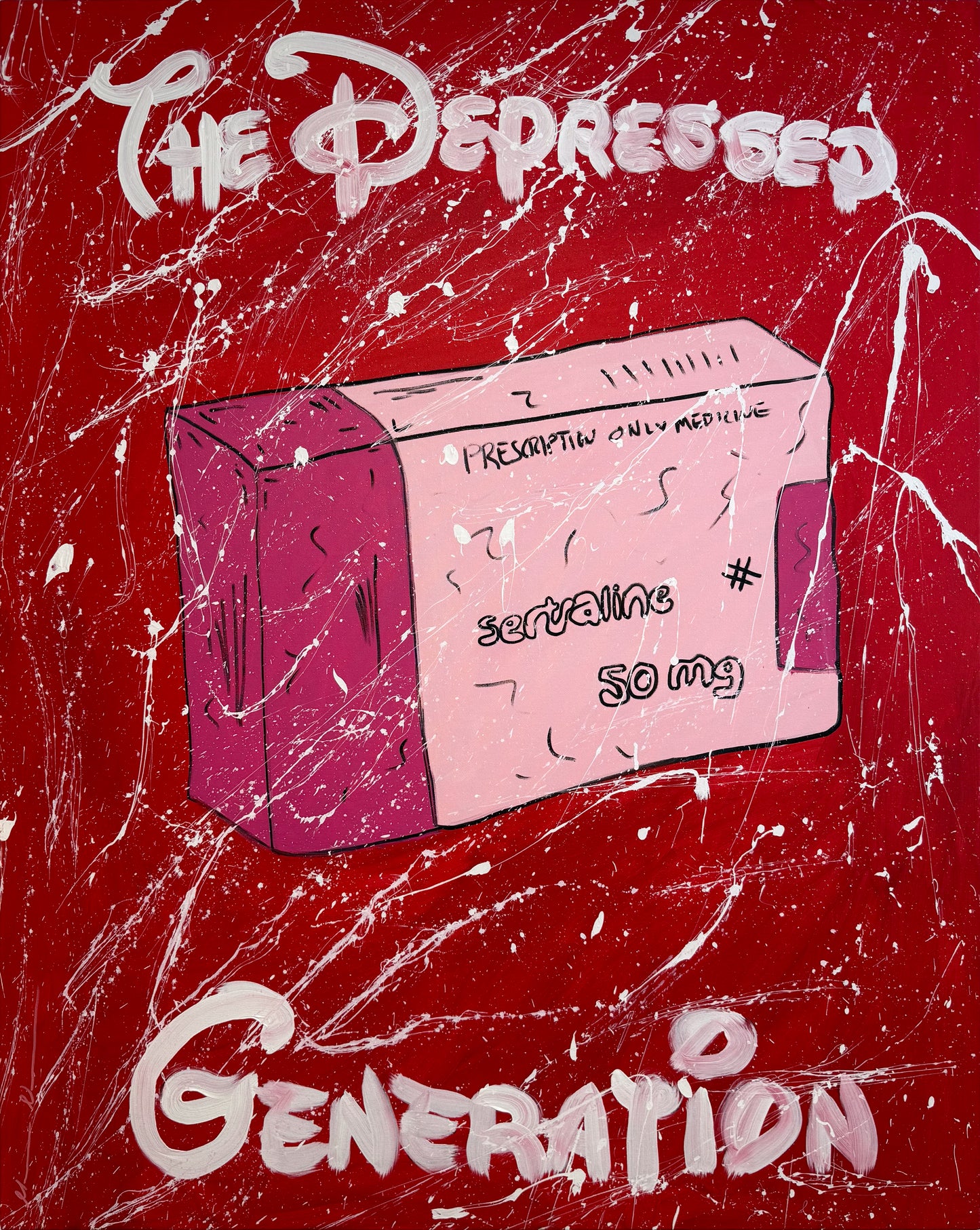 A large-scale original painting titled "The Depressed Generation | XL (Red)" by Mason Newman, featuring acrylic and spray paint on canvas. The 1-of-1 artwork depicts a pharmaceutical box motif against a vibrant red background with expressive white and pink paint splatters.