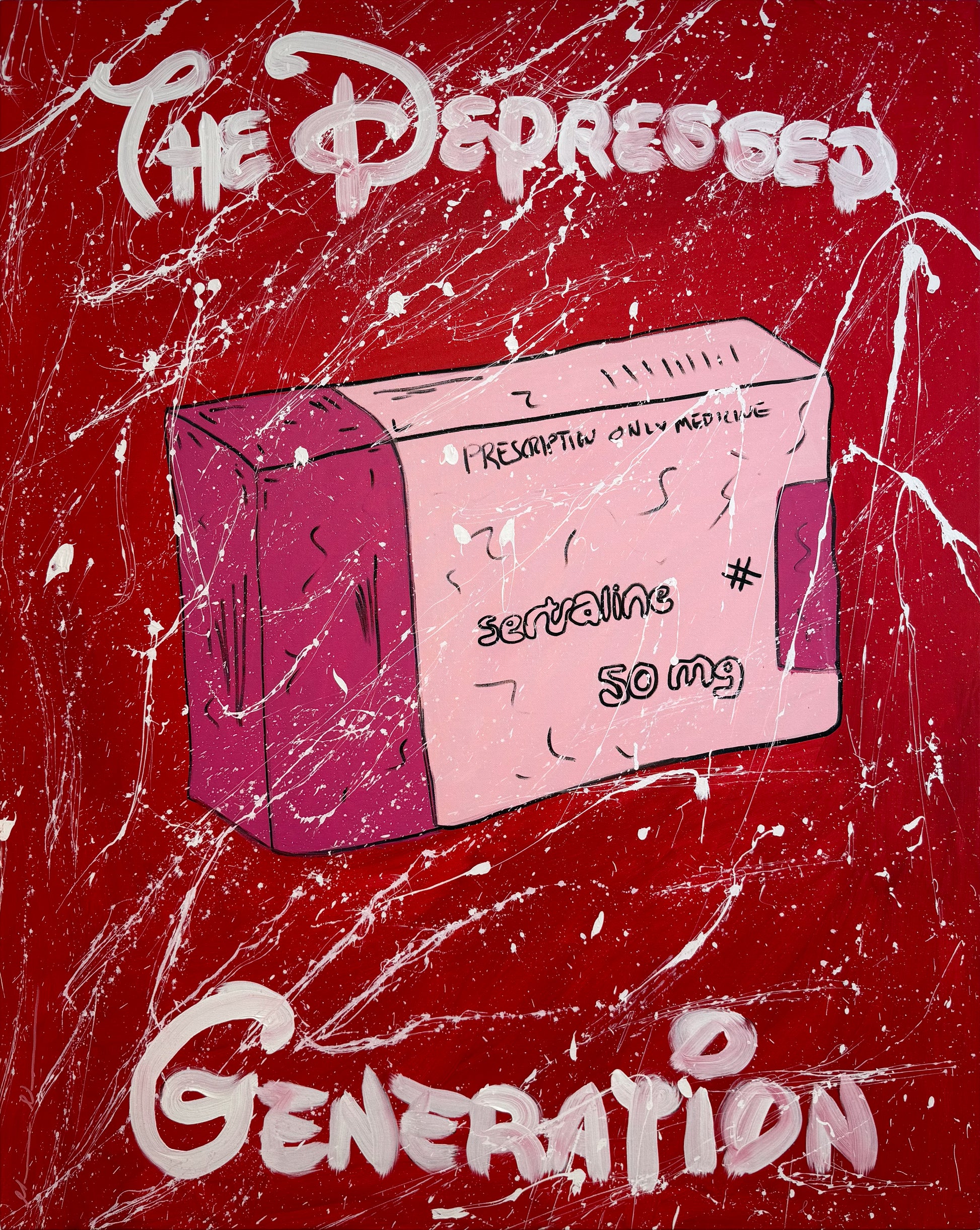 A large-scale original painting titled "The Depressed Generation | XL (Red)" by Mason Newman, featuring acrylic and spray paint on canvas. The 1-of-1 artwork depicts a pharmaceutical box motif against a vibrant red background with expressive white and pink paint splatters.