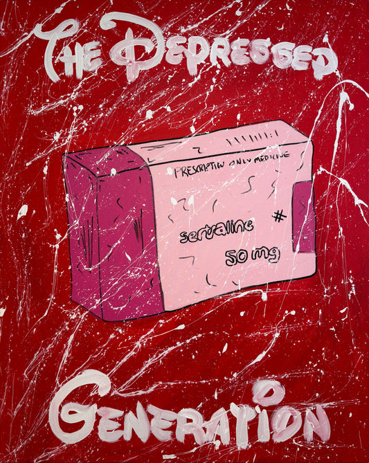A large-scale original painting titled "The Depressed Generation | XL (Red)" by Mason Newman, featuring acrylic and spray paint on canvas. The 1-of-1 artwork depicts a pharmaceutical box motif against a vibrant red background with expressive white and pink paint splatters.