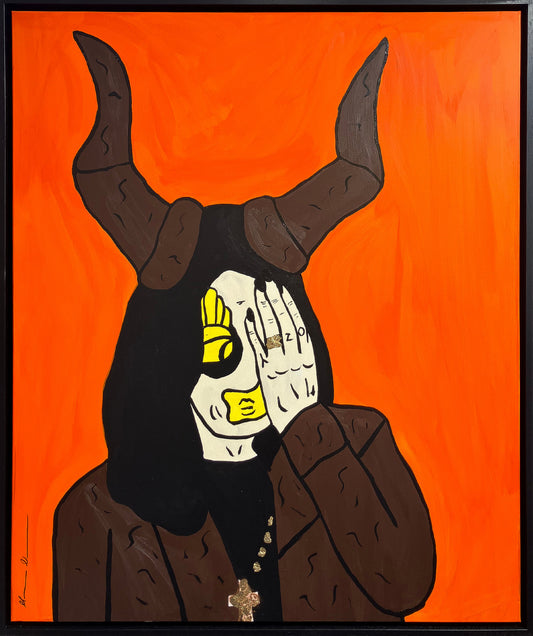 Mason Newman original 1-of-1 painting, The Prince Of Darkness Ozzy Osbourne in Tiger Orange, textured contemporary street art on canvas.