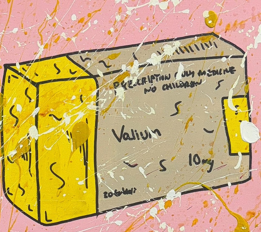 Close-up detail of the "Valium" original canvas, highlighting the hand-painted pharmaceutical box and "New Pop" aesthetic. The image showcases the layered textures and gestural spray-paint splatters characteristic of Forbes 30 Under 30 artist Mason Newman.