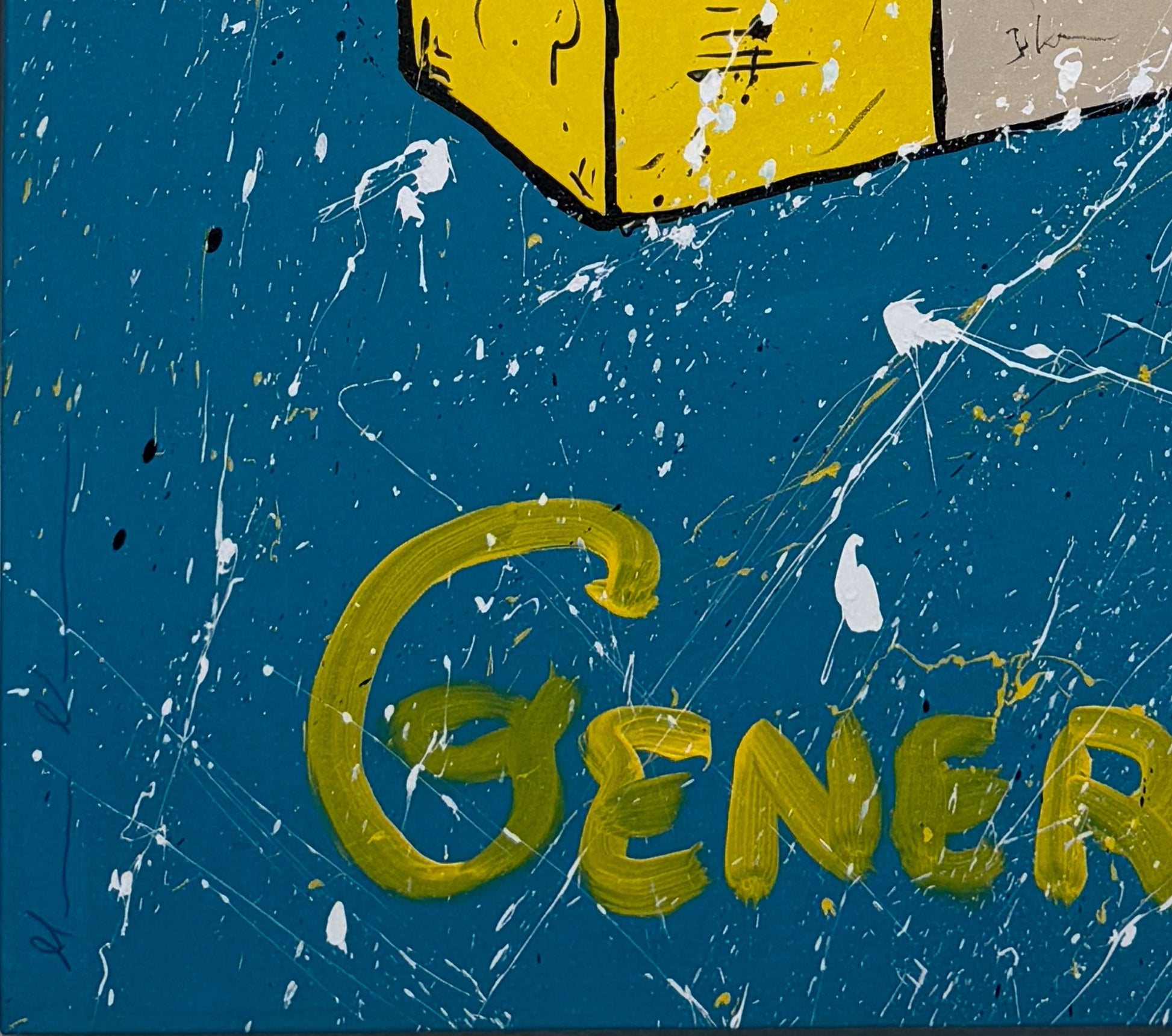 Close-up detail of the hand-painted "GENERATION" typography on the "The Depressed Generation | XL (Teal)" original canvas. This shot highlights the raw street-art textures and the "New Pop" aesthetic of Forbes 30 Under 30 artist Mason Newman.