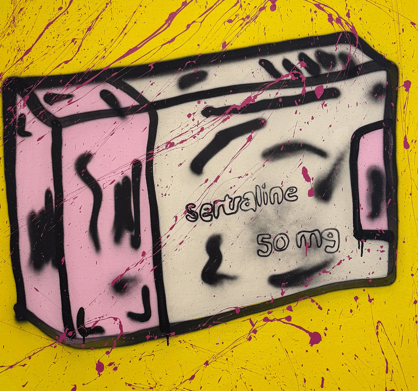 Close-up detail of the hand-painted pharmaceutical box imagery on the "The Depressed Generation | XL (Yellow)" original canvas. The image highlights the "New Pop" aesthetic and the heavy texture of the acrylic and spray paint application.