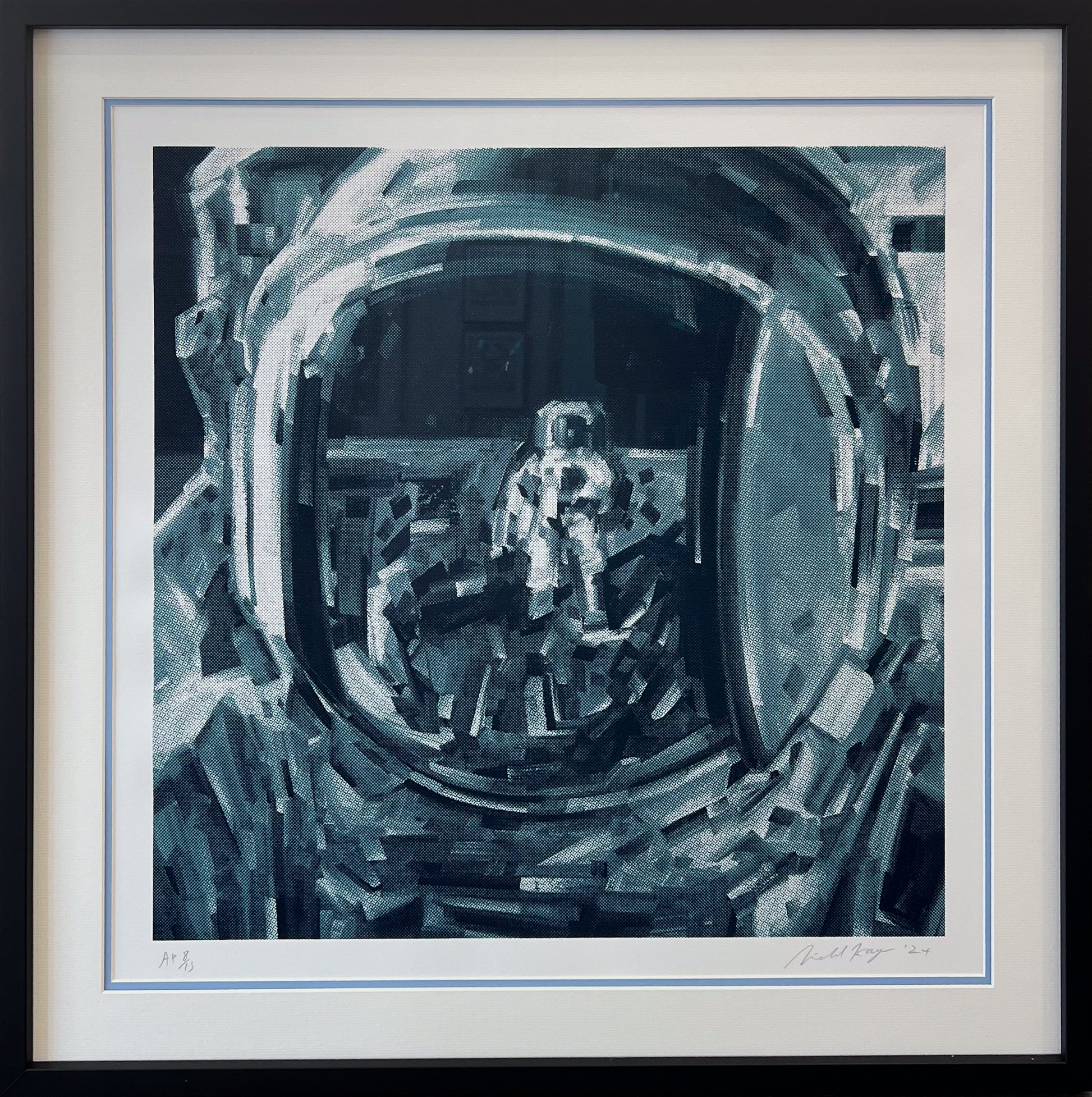 Michael Kagan's screenprint Moonwalker: an astronaut on the lunar surface with a crewmate reflected in the helmet visor