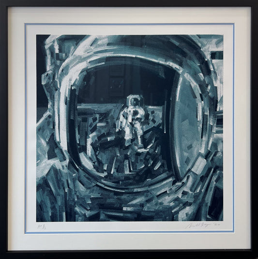Michael Kagan's screenprint Moonwalker: an astronaut on the lunar surface with a crewmate reflected in the helmet visor