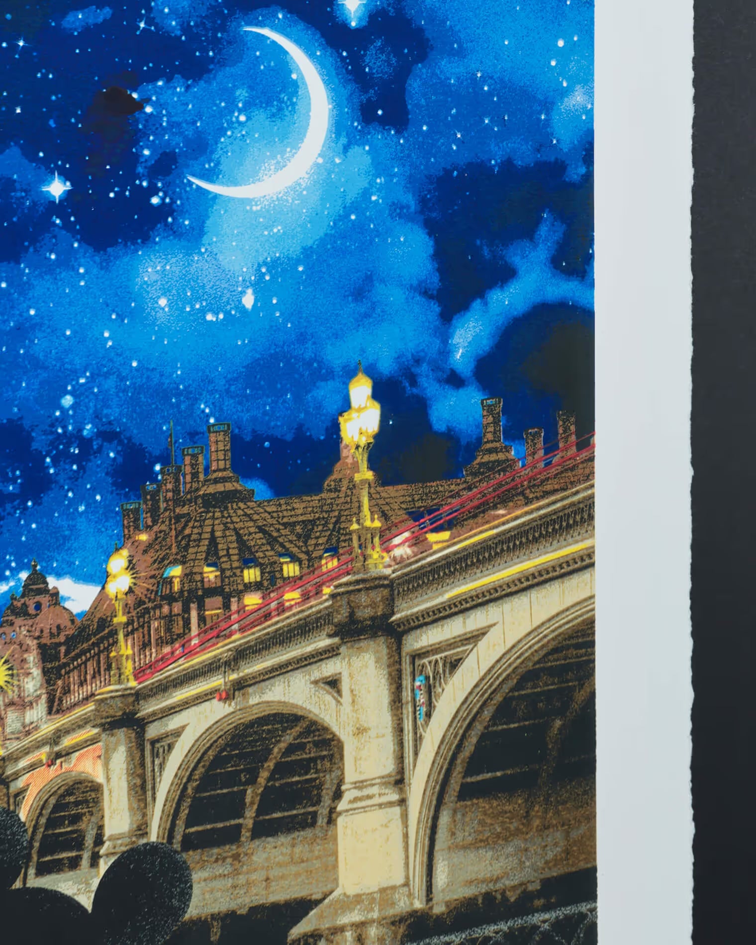 Detailed view of the "A Sky Full of Promise" print showing a starry blue night sky, a crescent moon, and abstract urban textures. This signed limited edition by Mr. Brainwash captures a nostalgic and modern street-art aesthetic.