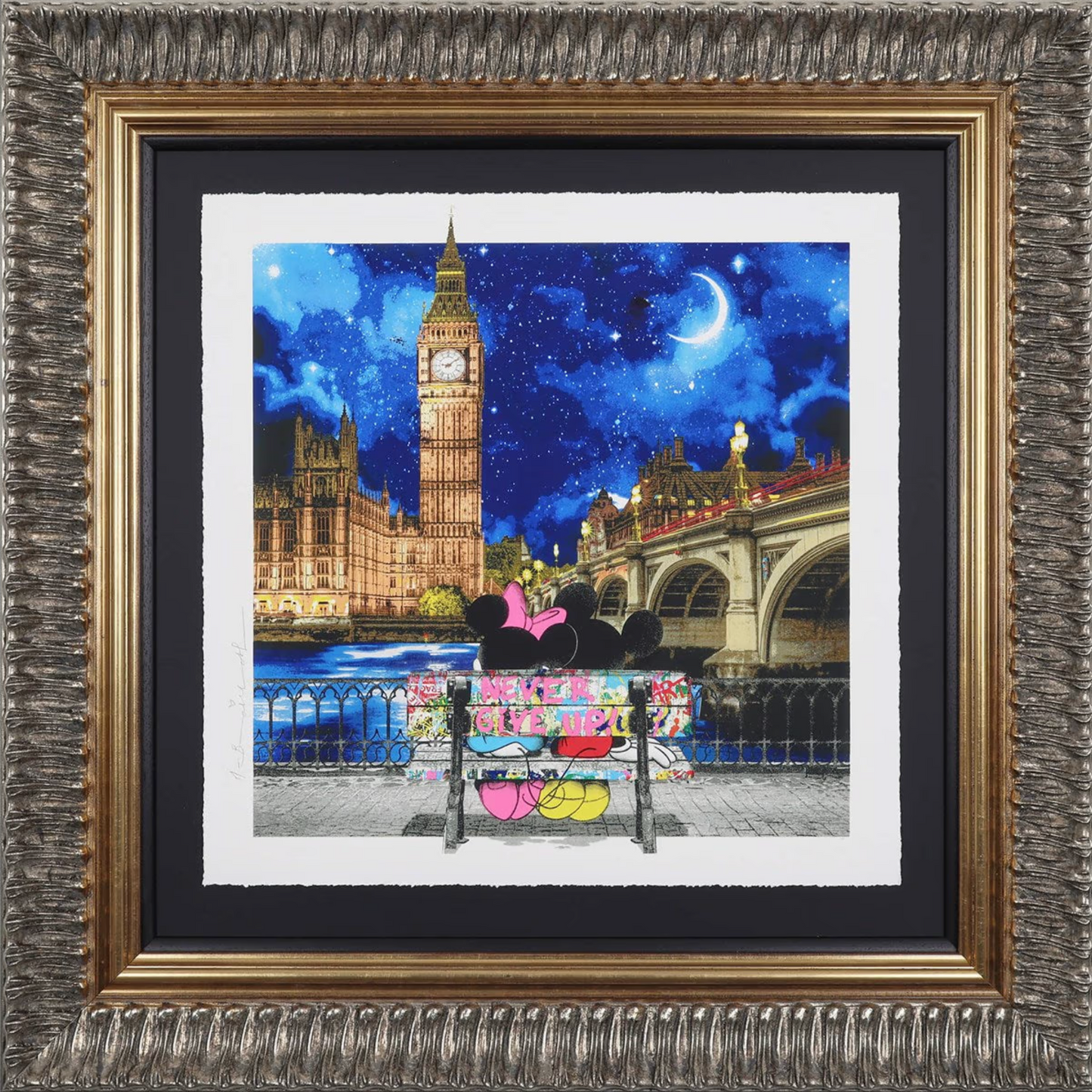 A framed "A Sky Full of Promise" silkscreen print on fine art paper by Mr. Brainwash. This official Disney collaboration features Mickey and Minnie Mouse against a vibrant London night sky with Big Ben, presented in a large ornate frame.