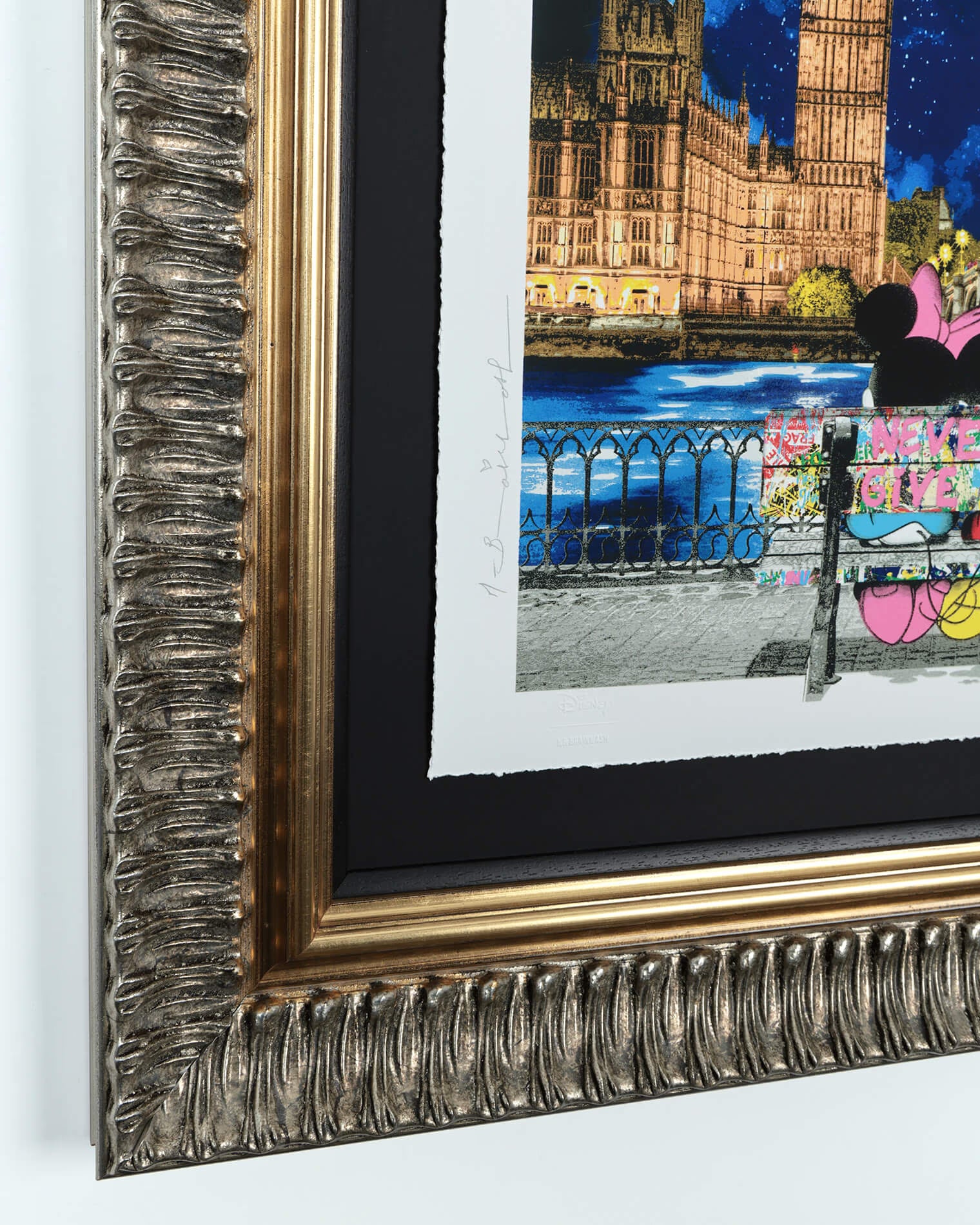 Close-up detail of the heavy gold ornate frame for the "A Sky Full of Promise" limited edition print. The shot highlights the intricate texture of the 36" x 36" frame and the high-quality white mount surrounding the artwork.