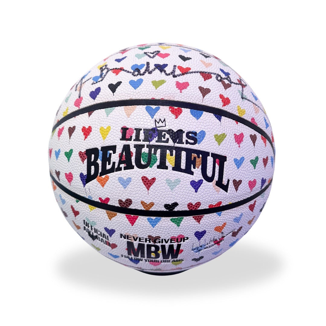 Signed limited edition All You Need Is He[Art] Basketball sculpture by Mr. Brainwash featuring colourful graffiti designs, street art text, and iconic pop art patterns, 9x9 inches