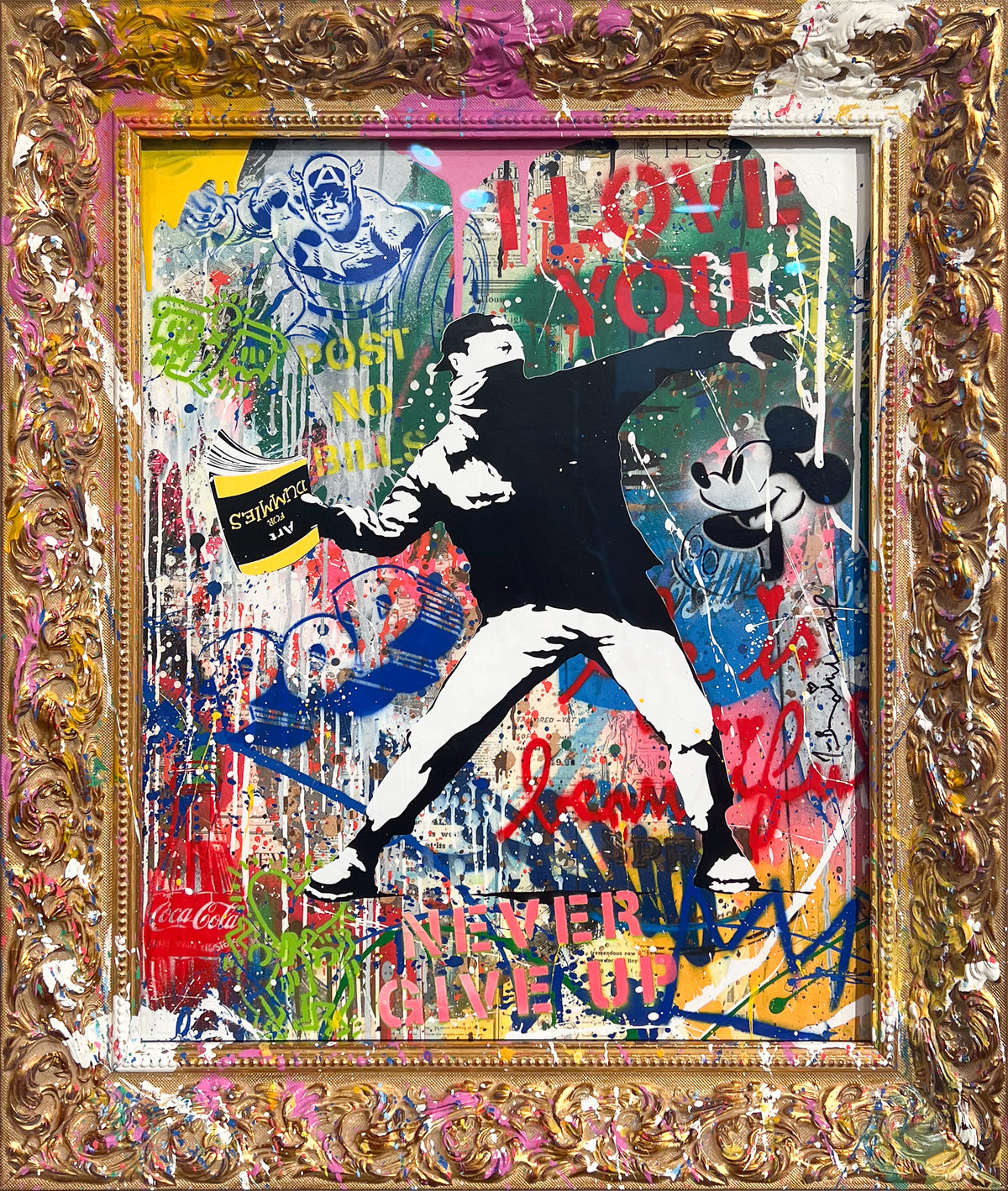 Mr Brainwash original artwork of a masked figure in mid-throw, a homage to Banksy's Flower Thrower