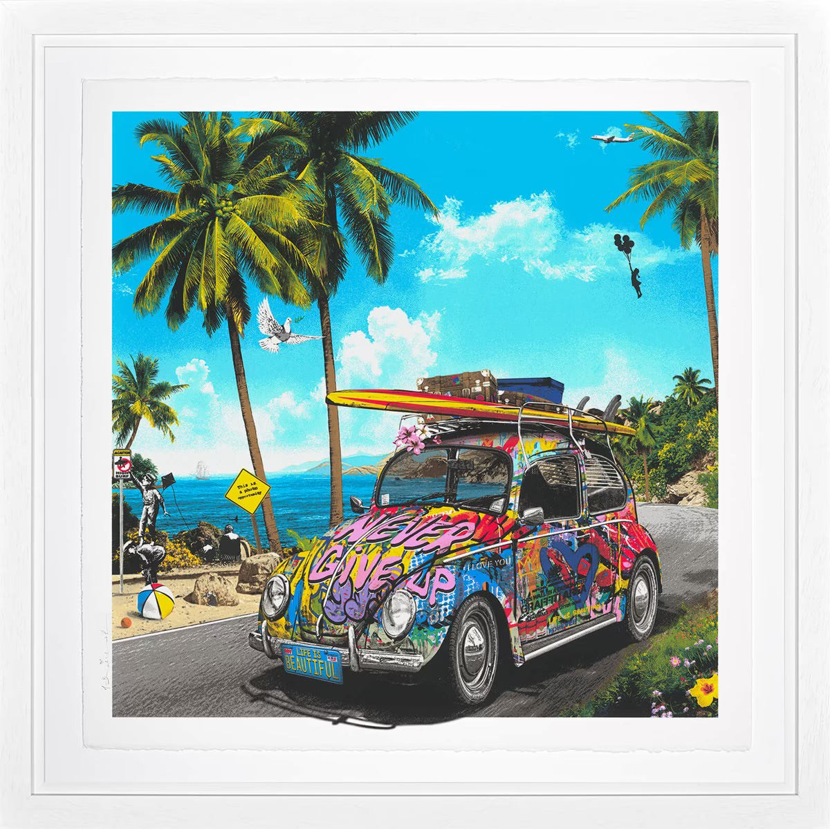 Signed limited edition 'Beach Bug' silkscreen by Mr. Brainwash, featuring a graffiti-covered VW Beetle on a coastal road, edition of 80, 35x35 inches framed