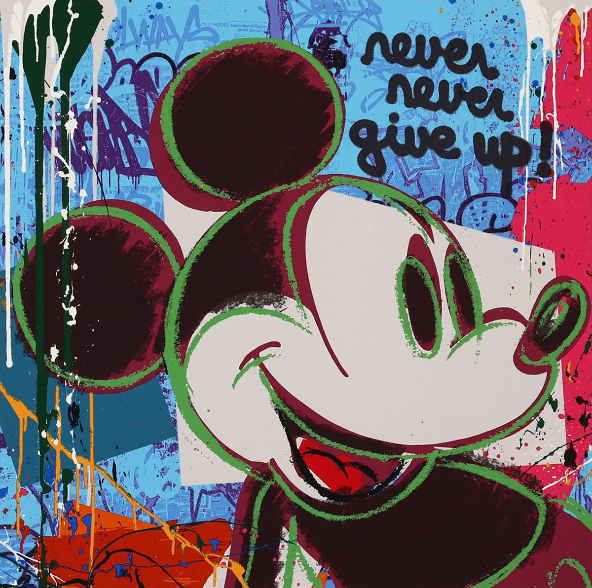 A detailed view of the Mickey Mouse portrait from the "Bright Shades of Mickey" set, featuring a blue background and the inspirational text "Never never give up".
