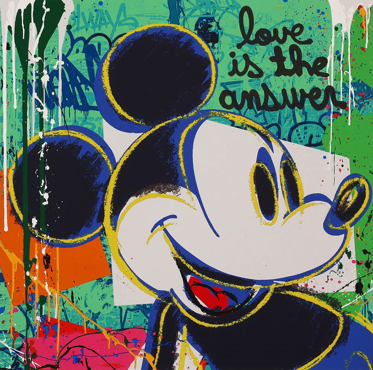 Close-up detail of a "Bright Shades of Mickey" print with a vibrant green background and "Love is the answer" typography. The artwork showcases Mr. Brainwash’s signature street-art energy and graffiti textures on fine art paper.
