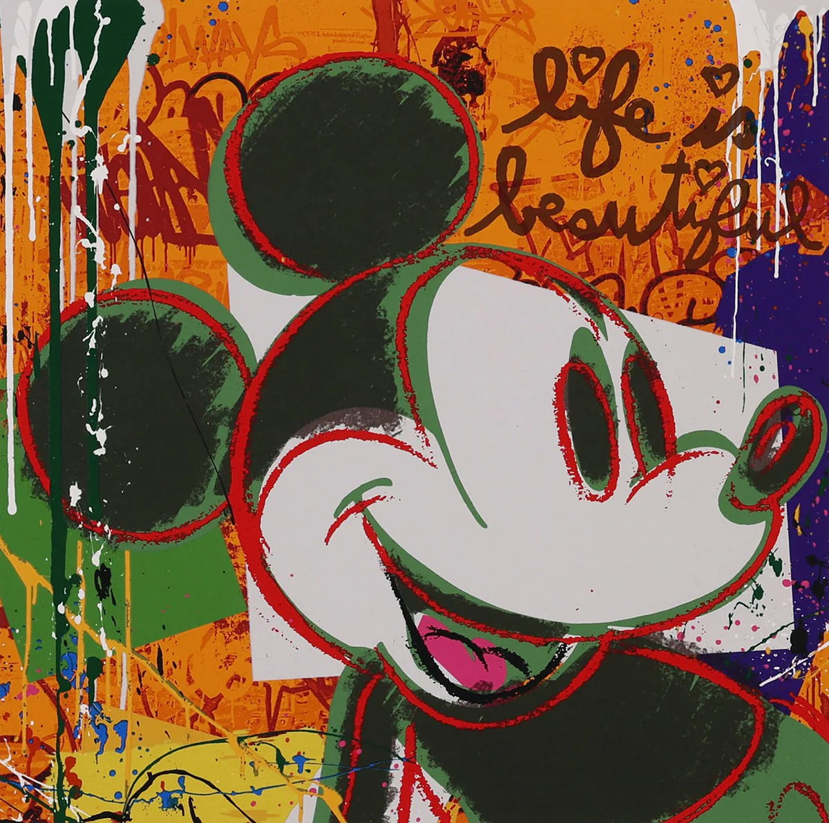 Close-up of the orange-themed Mickey Mouse print from the Mr. Brainwash Disney collection, highlighting the "Life is beautiful" slogan and colourful paint splashes.