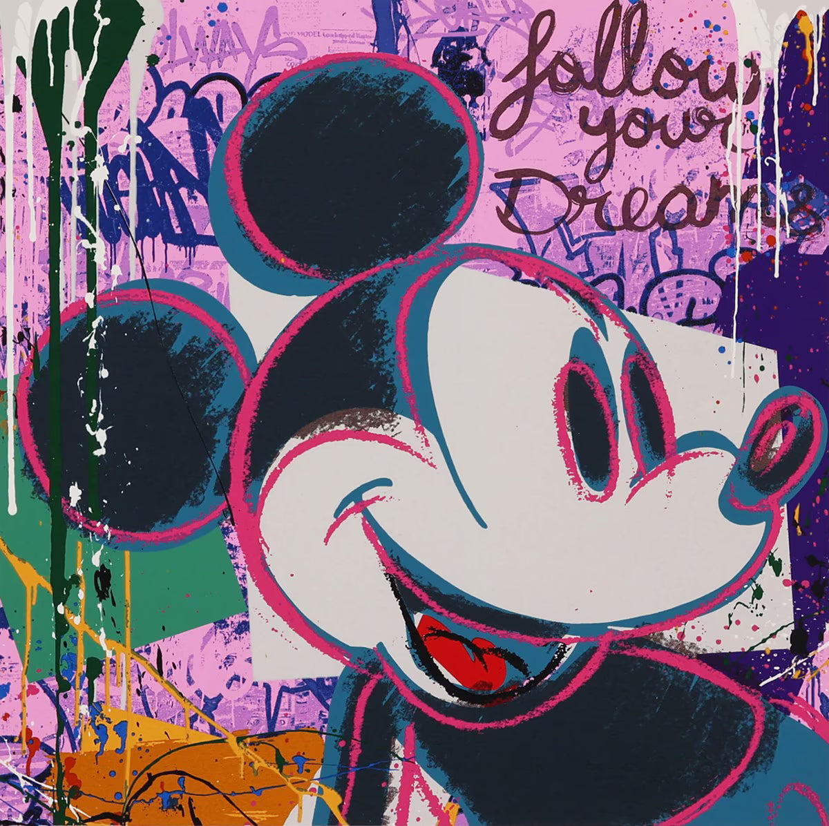 Detail of the purple "Bright Shades of Mickey" artwork, showing the "Follow your dreams" text and the high-impact, nostalgic flair of this signed limited edition set.