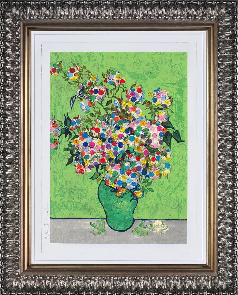 Rare signed limited edition 'Dotted Bloom' silkscreen by Mr. Brainwash, edition of 25, featuring vibrant floral pop-art imagery in a black contemporary frame