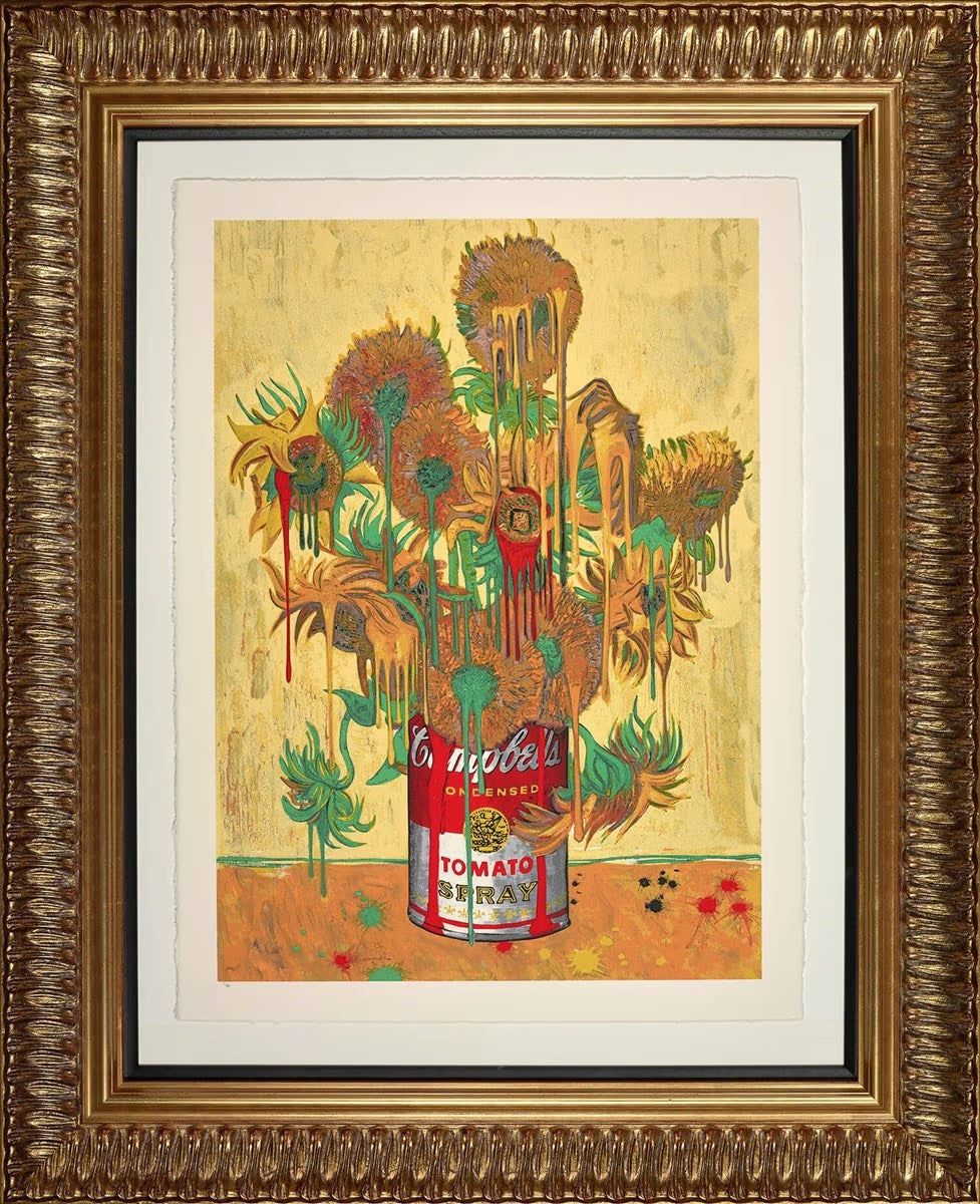 Mr Brainwash screenprint of bright flowers with dripping paint running down the paper, framed