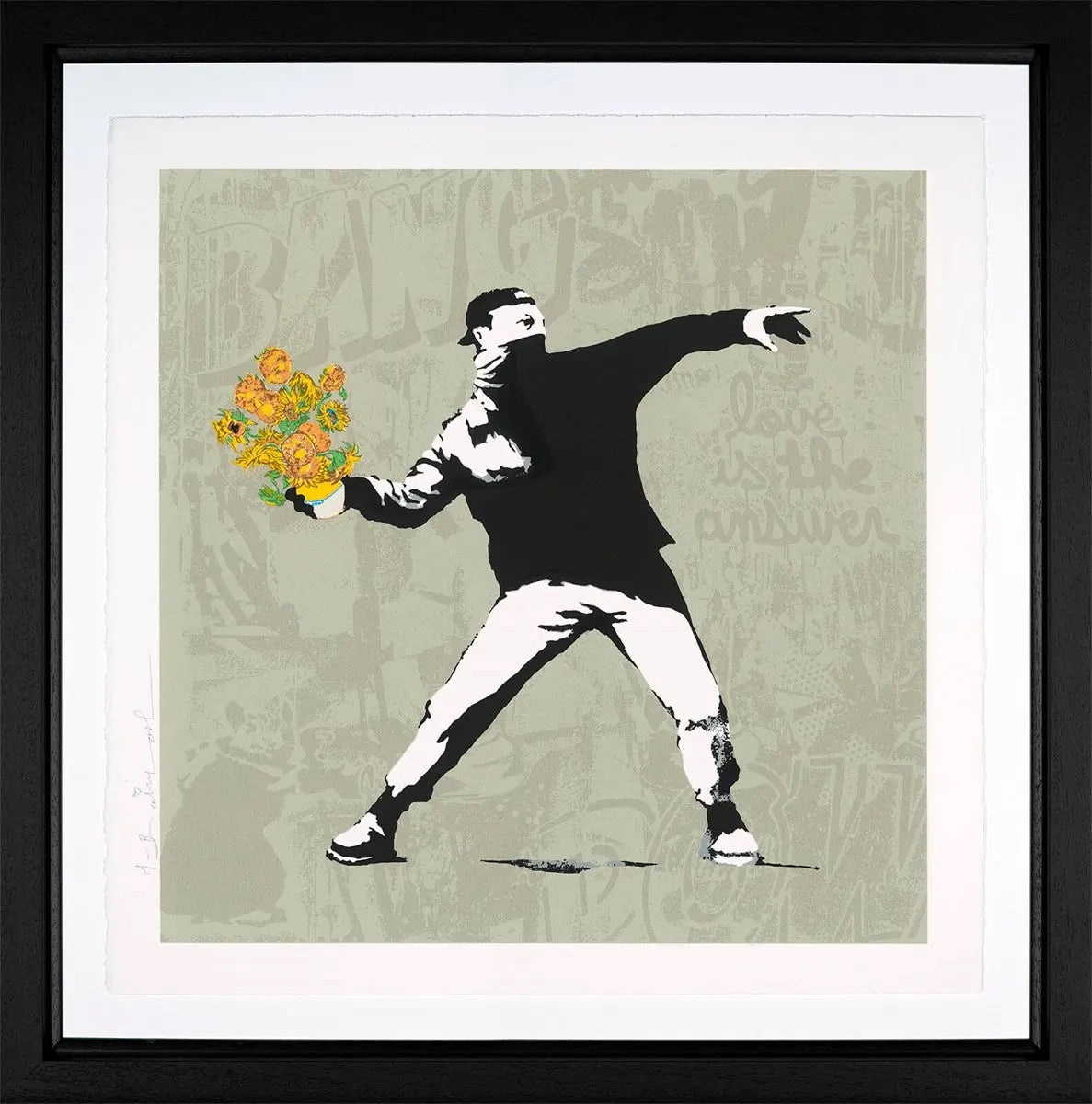 Signed limited edition silkscreen 'Banksy Flower Thrower' by Mr. Brainwash, featuring the iconic flower thrower silhouette in a vibrant graffiti style, professionally framed in a black contemporary frame
